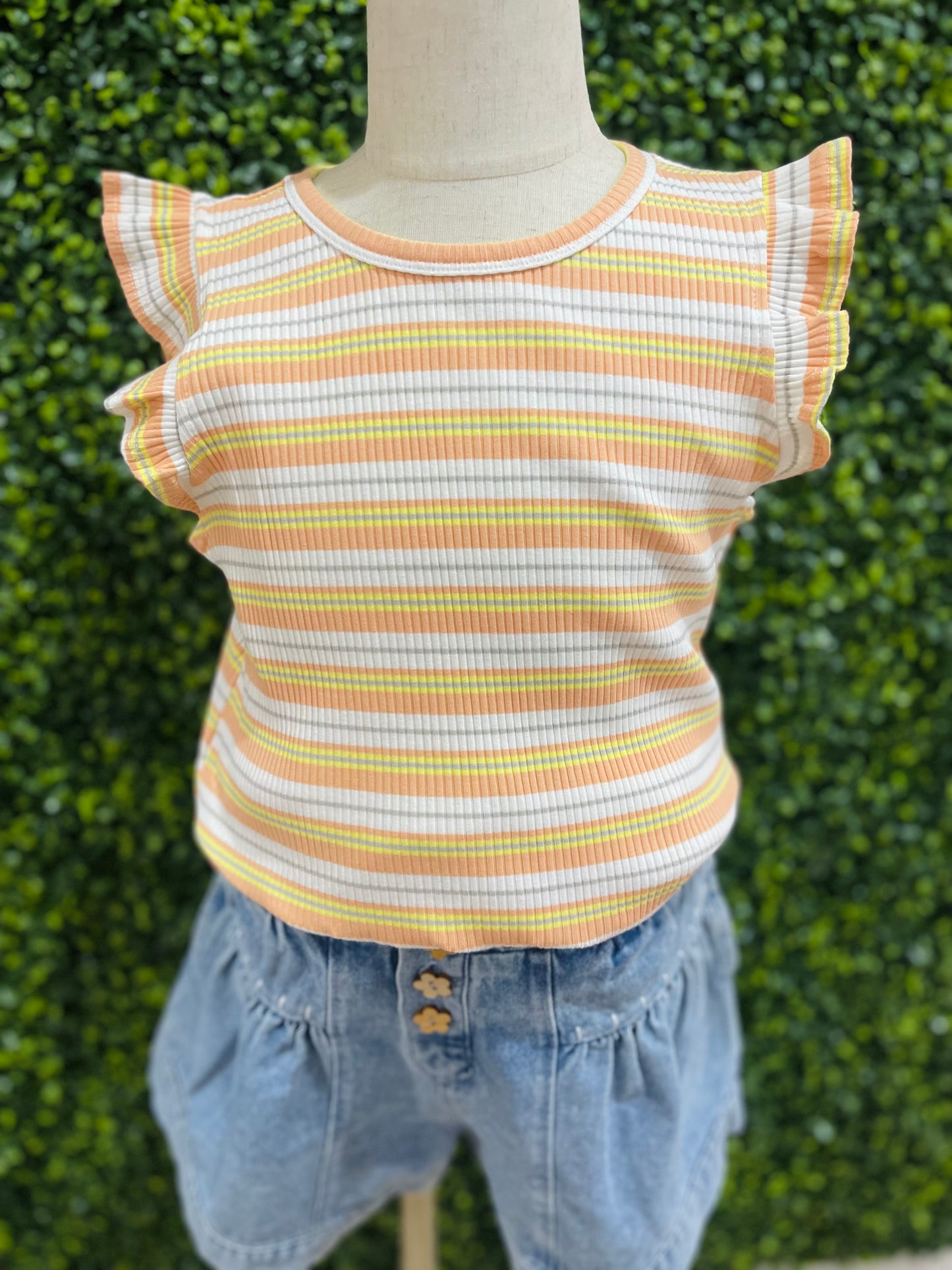Ribbed Knit Multi Stripe Ruffled Tank | Orange