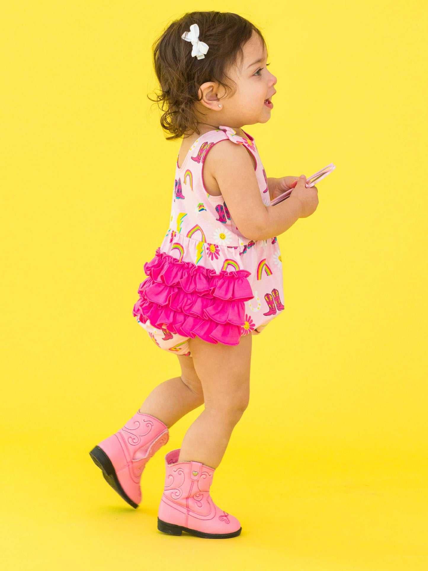 Baby Girls Cowgirl Cutie Knit Tie Shoulder Bubble Romper: Pink / 0-3m