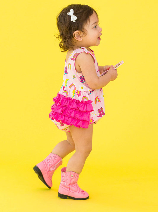 Baby Girls Cowgirl Cutie Knit Tie Shoulder Bubble Romper: Pink / 0-3m