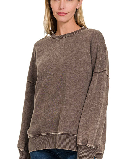 Acid Wash Fleece Hi-low Hem Pullover: BROWN
