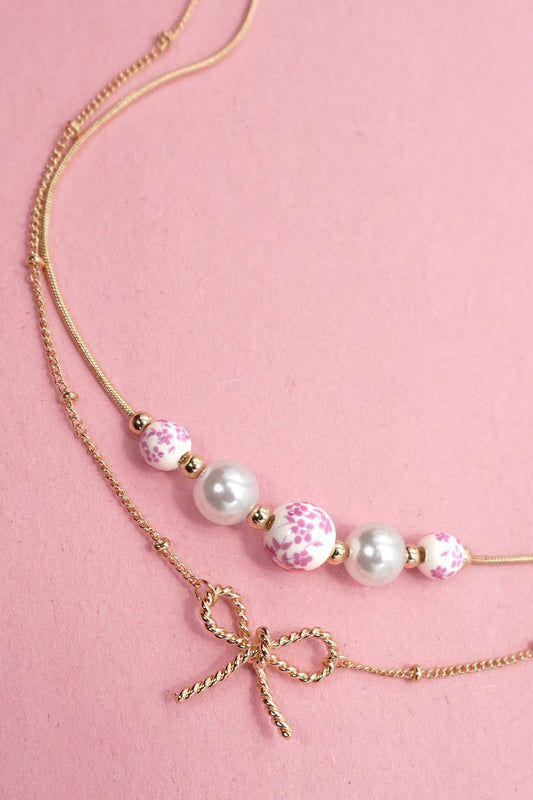 Pink Porcelain Pearl + Gold Bow Necklace