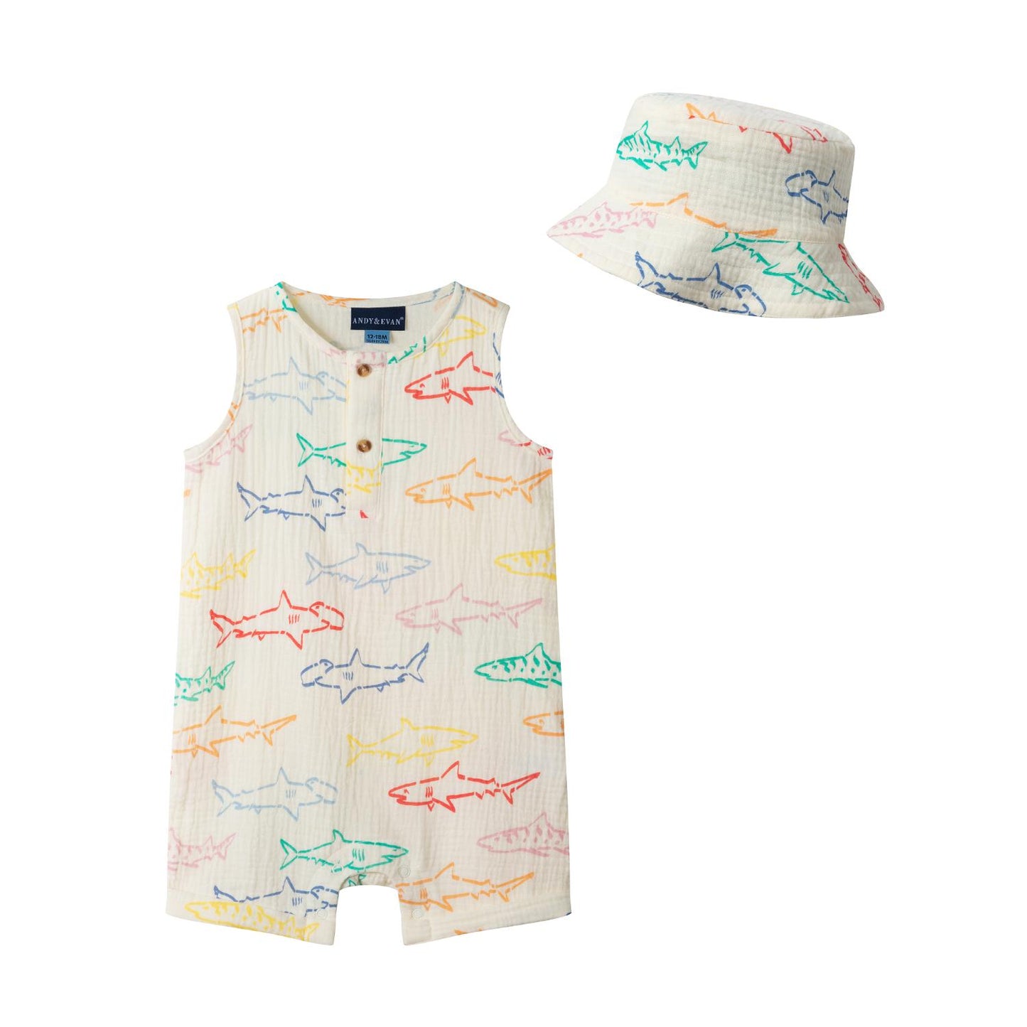 Multi Shark Sleeveless Romper + Set