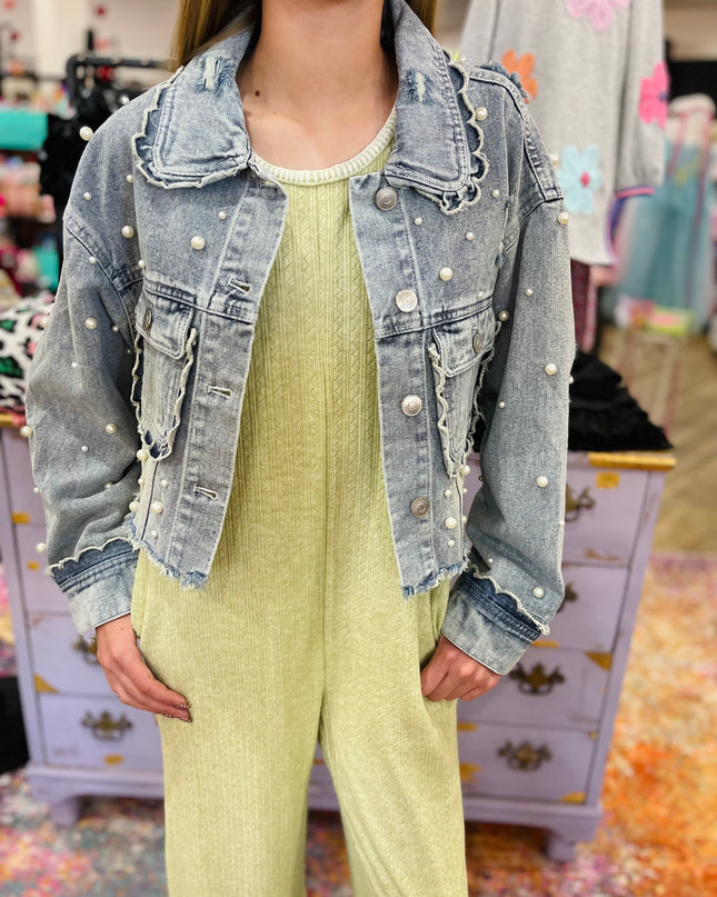 Light Wash Denim Jacket With Pearls