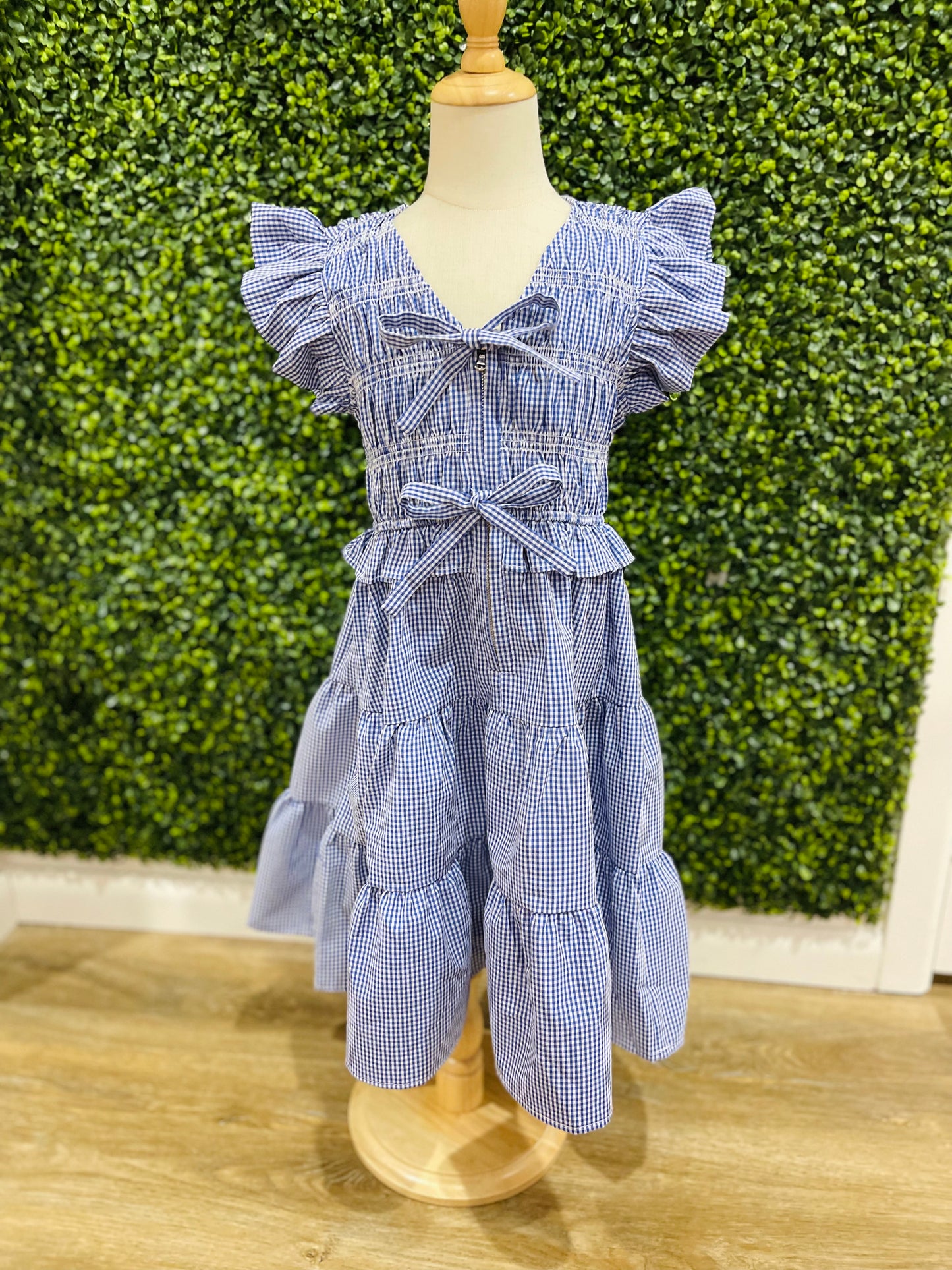 Gingham Ruffle Lace Trim Dress | Royal Blue
