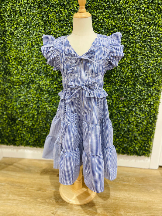 Gingham Ruffle Lace Trim Dress | Royal Blue