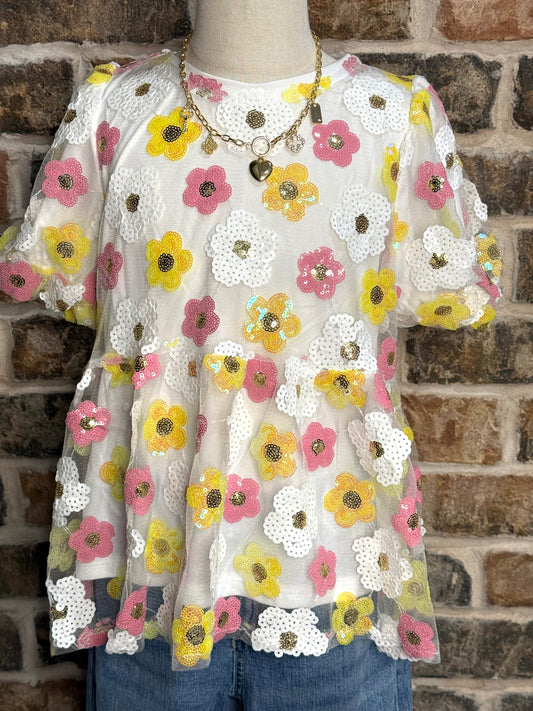 Floral Sequin Patch Mesh Peplum Top