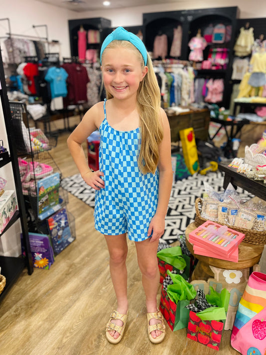 Checkered Pull On Romper | Blue