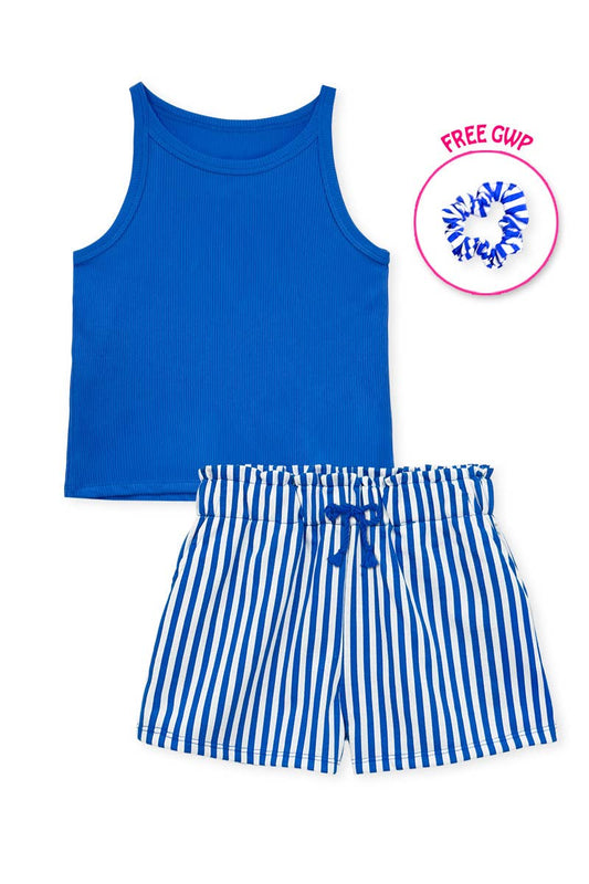 Ribbed Tank Stripe Shorts Set + Scrunchie | Blue
