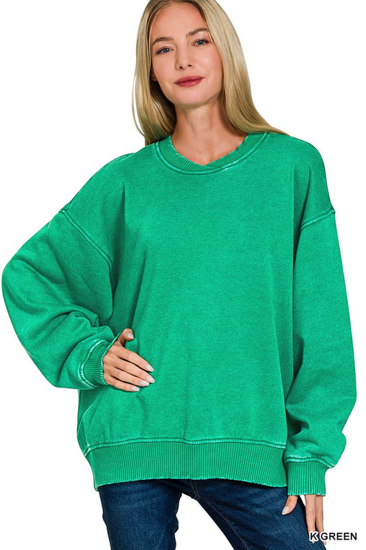 Acid Wash Oversized Fleece Pullover: K GREEN