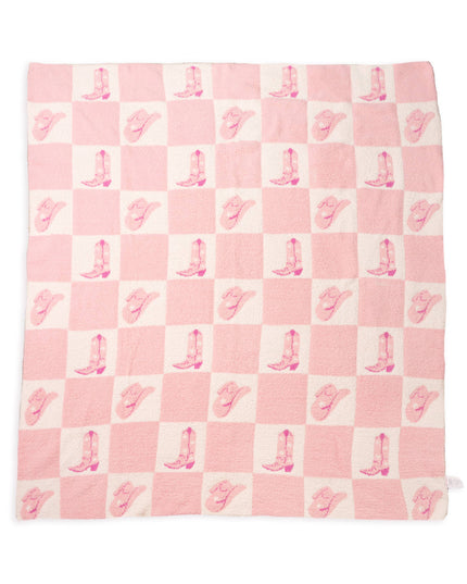 Throw Blanket - Checkered w/ Western Cowgirl - Pink & White