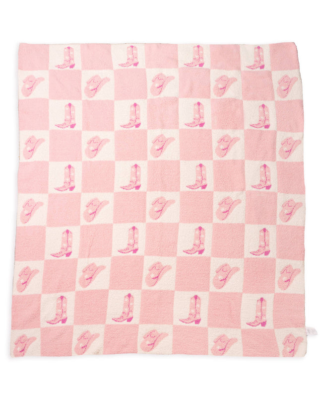 Throw Blanket - Checkered w/ Western Cowgirl - Pink & White