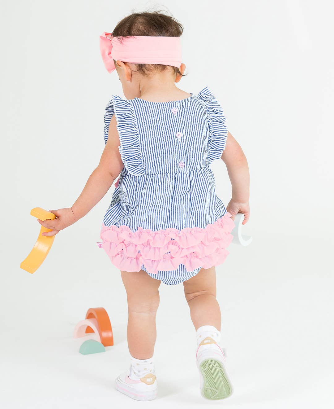 Classic Blue Seersucker Ruffle Bubble Romper