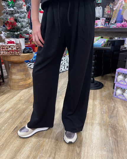 French Terry Pleated Wide Leg Lounge Pants | Black
