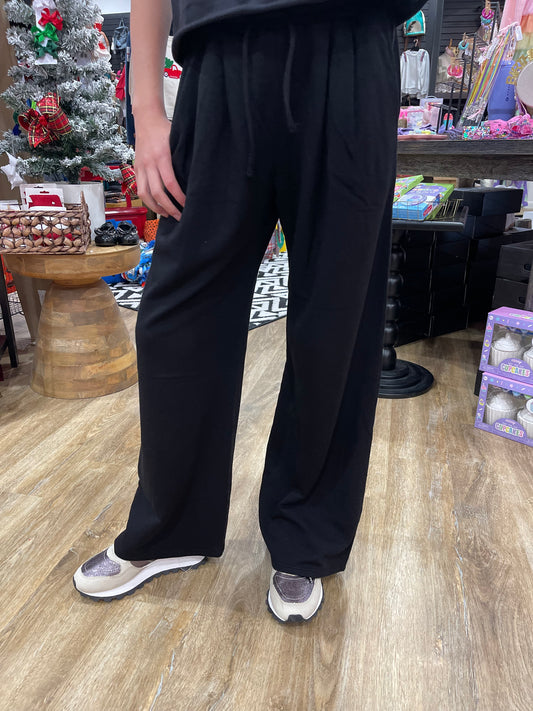 French Terry Pleated Wide Leg Lounge Pants | Black