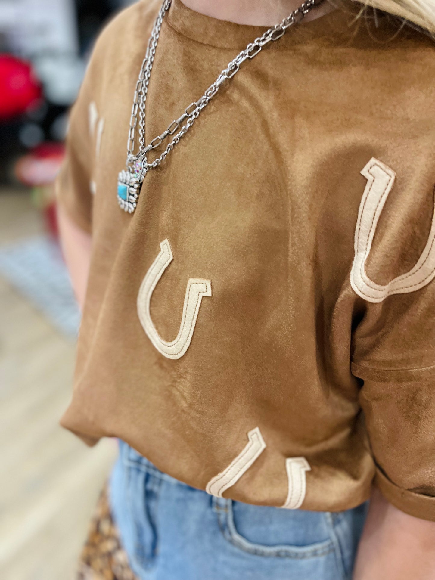 Horseshoe Patched Drop Shoulder Suede Tee