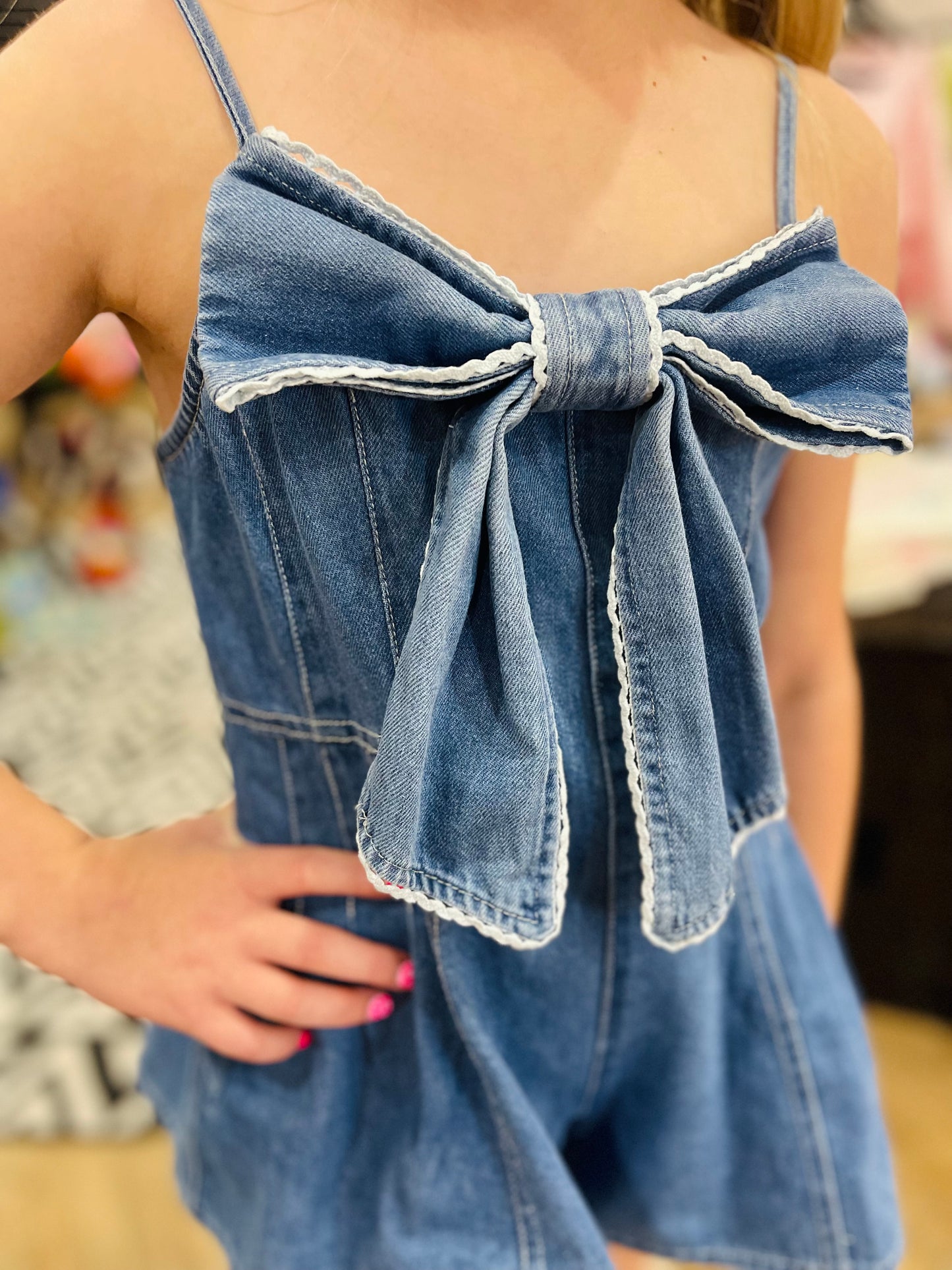 Front Bow Washed Denim Romper