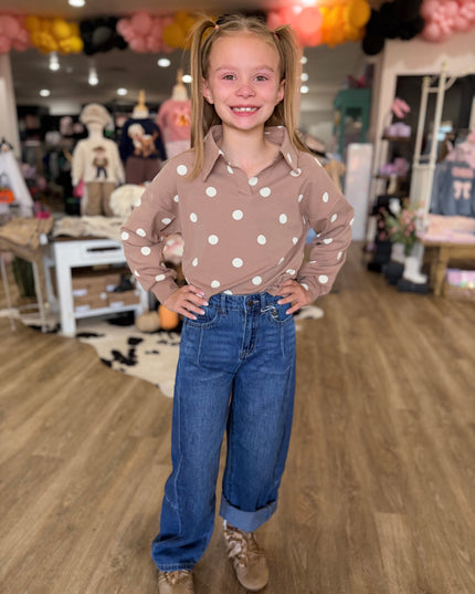 Polka Dot Knit Collared LS | Taupe