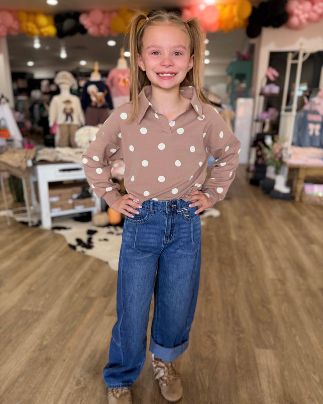 Polka Dot Knit Collared LS | Taupe
