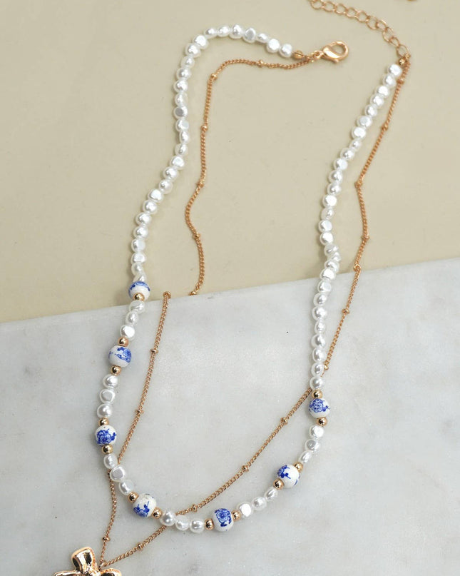 Porcelain Pearl + Gold Bow Necklace