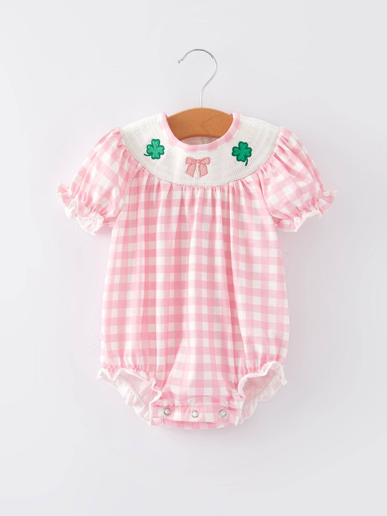 St. Patrick's Day Smocked Embroidered Pink Plaid Romper
