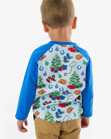 Blue Yuletide Yeehaw Long Sleeve Raglan Henley Tee