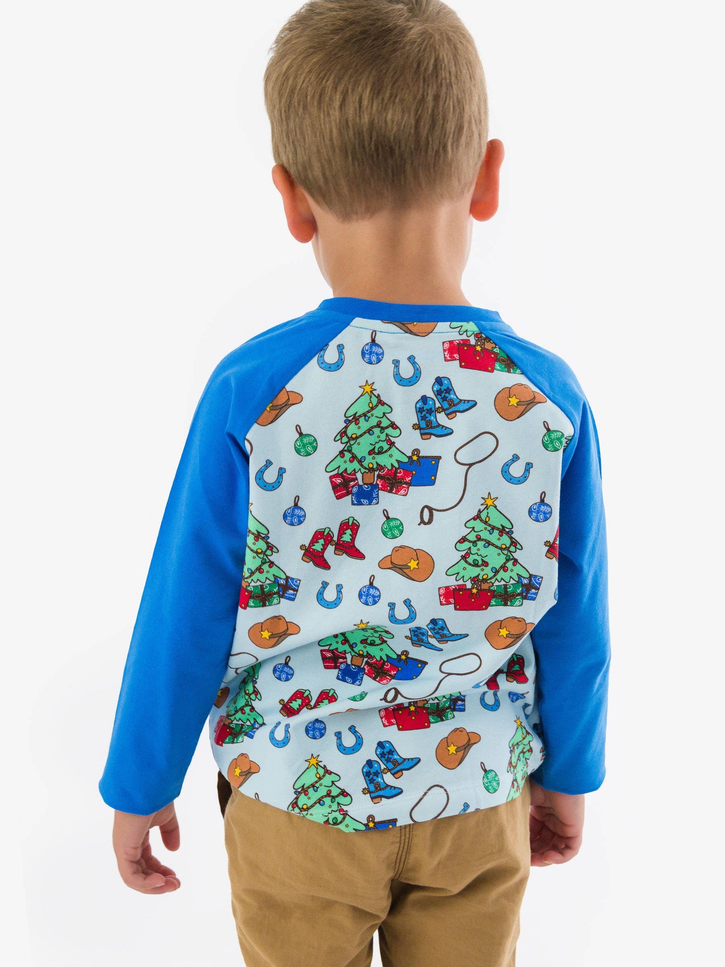 Blue Yuletide Yeehaw Long Sleeve Raglan Henley Tee
