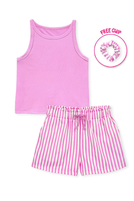 Ribbed Tank Stripe Shorts Set + Scrunchie | Pink