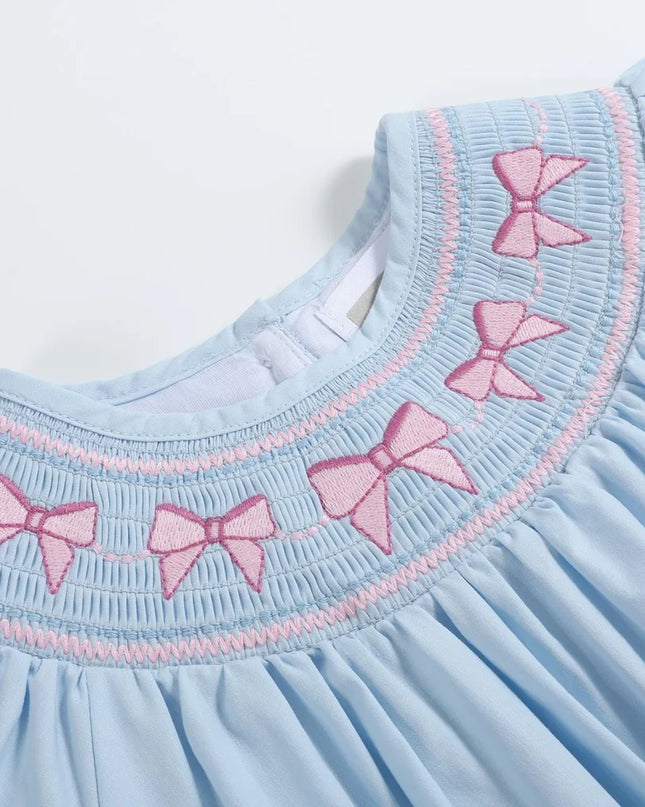 Blue & Pink Bow Smocked Bubble Romper
