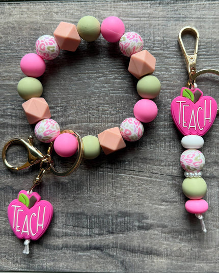 Pretty Pink Apple Colorful Teacher Keychain: Wristlet