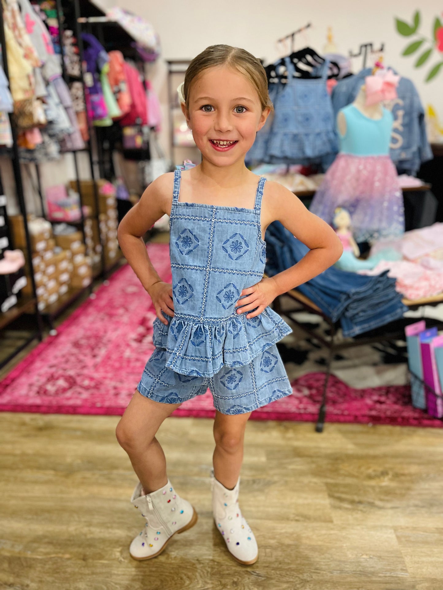 Clara Patterned Embroidered Tank & Shorts Set | Denim