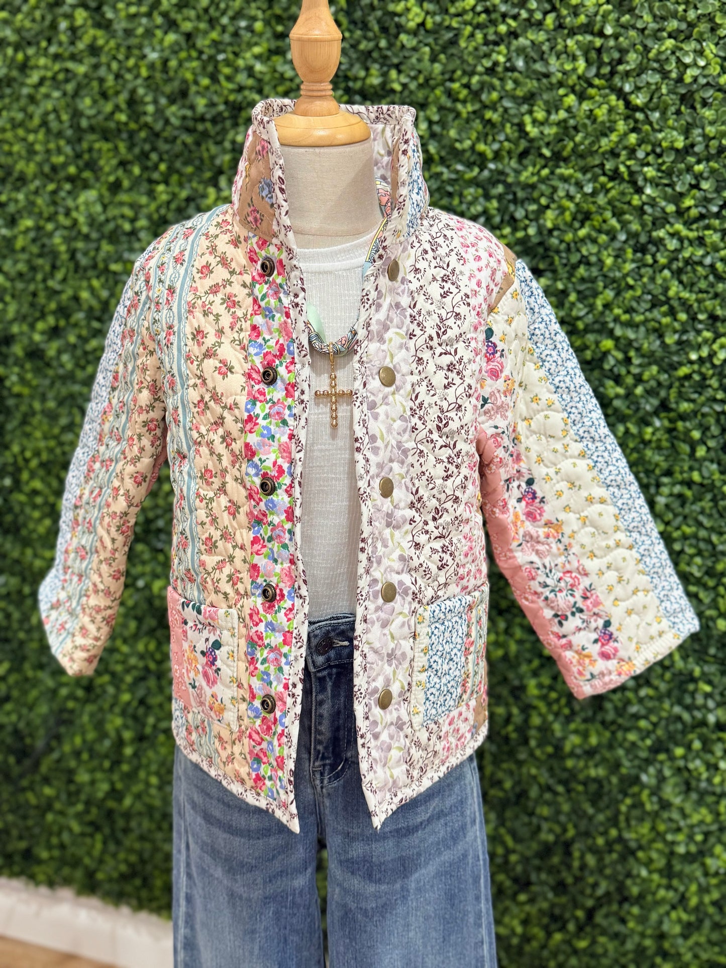 Paige Patchwork Stripe Youth Quilted Snap Jacket