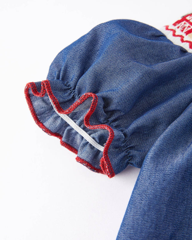 Girls Farm Smocking Embroidered Blue Dress: 12M