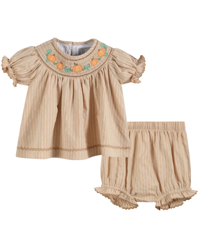 Light Brown Pinstripe Pumpkin Smocked Dress & Bloomer