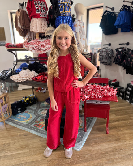 Contrast Stitch Detailed Tank + Wide Leg Pants Set | Red