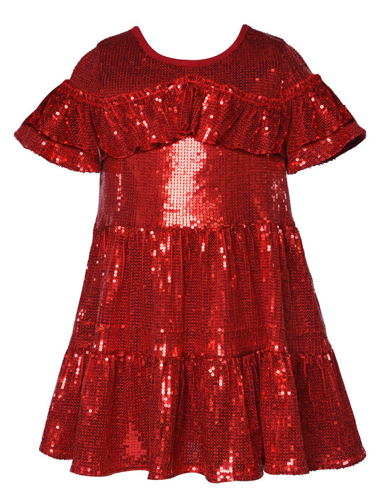 Sequin Tiered Shoulder Ruffle Dress