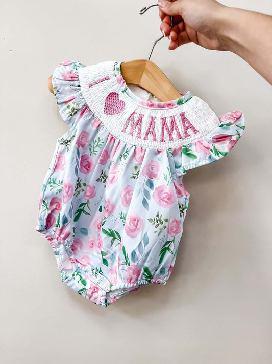 I ❤ MAMA” Girls Smocked Bubble Romper