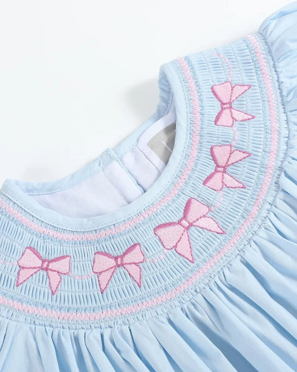 Blue & Pink Bow Smocked Bishop Dress