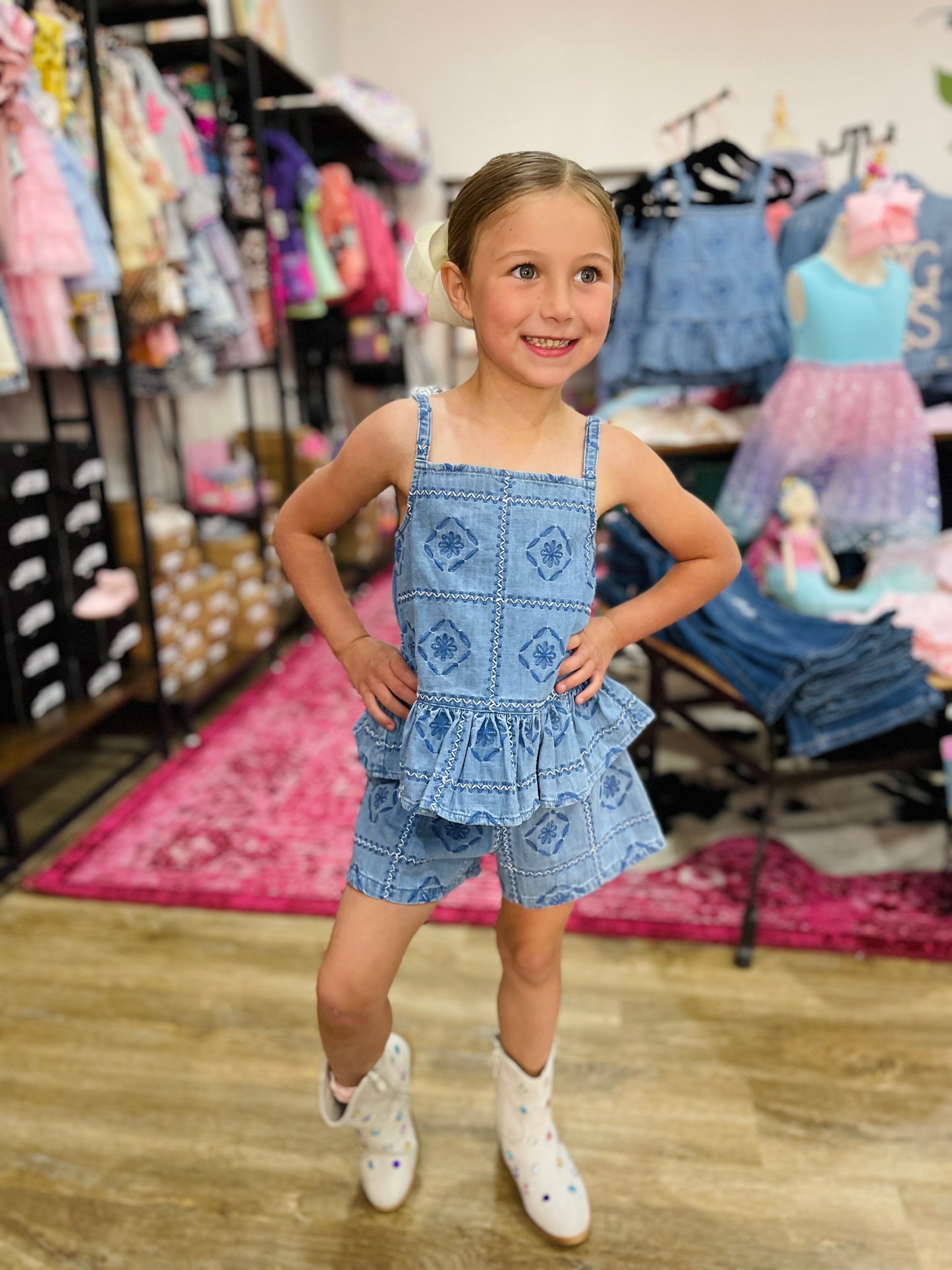 Clara Patterned Embroidered Tank & Shorts Set | Denim