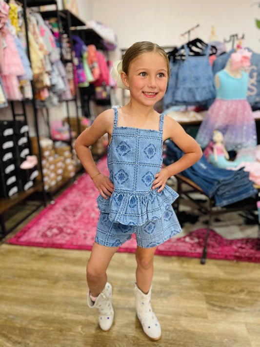 Clara Patterned Embroidered Tank & Shorts Set | Denim