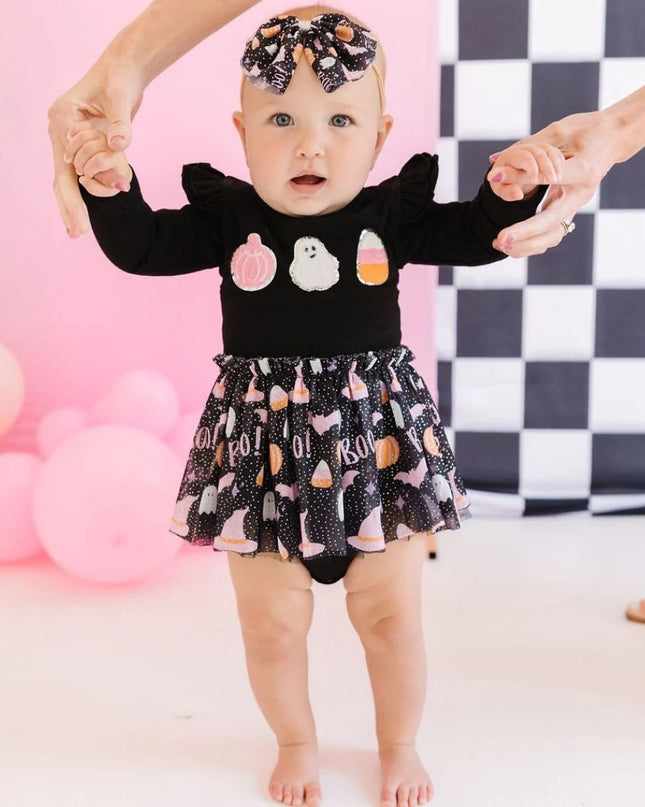 Boo Halloween Long Sleeve Tutu Bodysuit