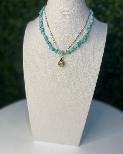 Stone Chip With Austrian Crystal Necklace | Turquoise