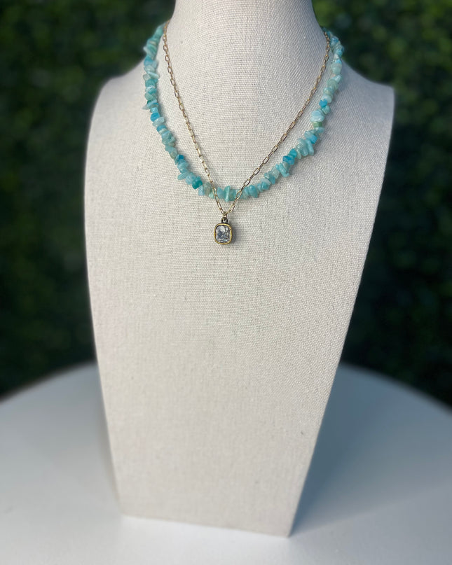 Stone Chip With Austrian Crystal Necklace | Turquoise
