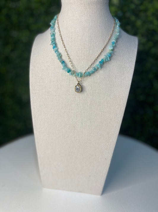 Stone Chip With Austrian Crystal Necklace | Turquoise