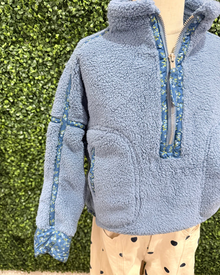 Floral Print Piped Sherpa Pullover