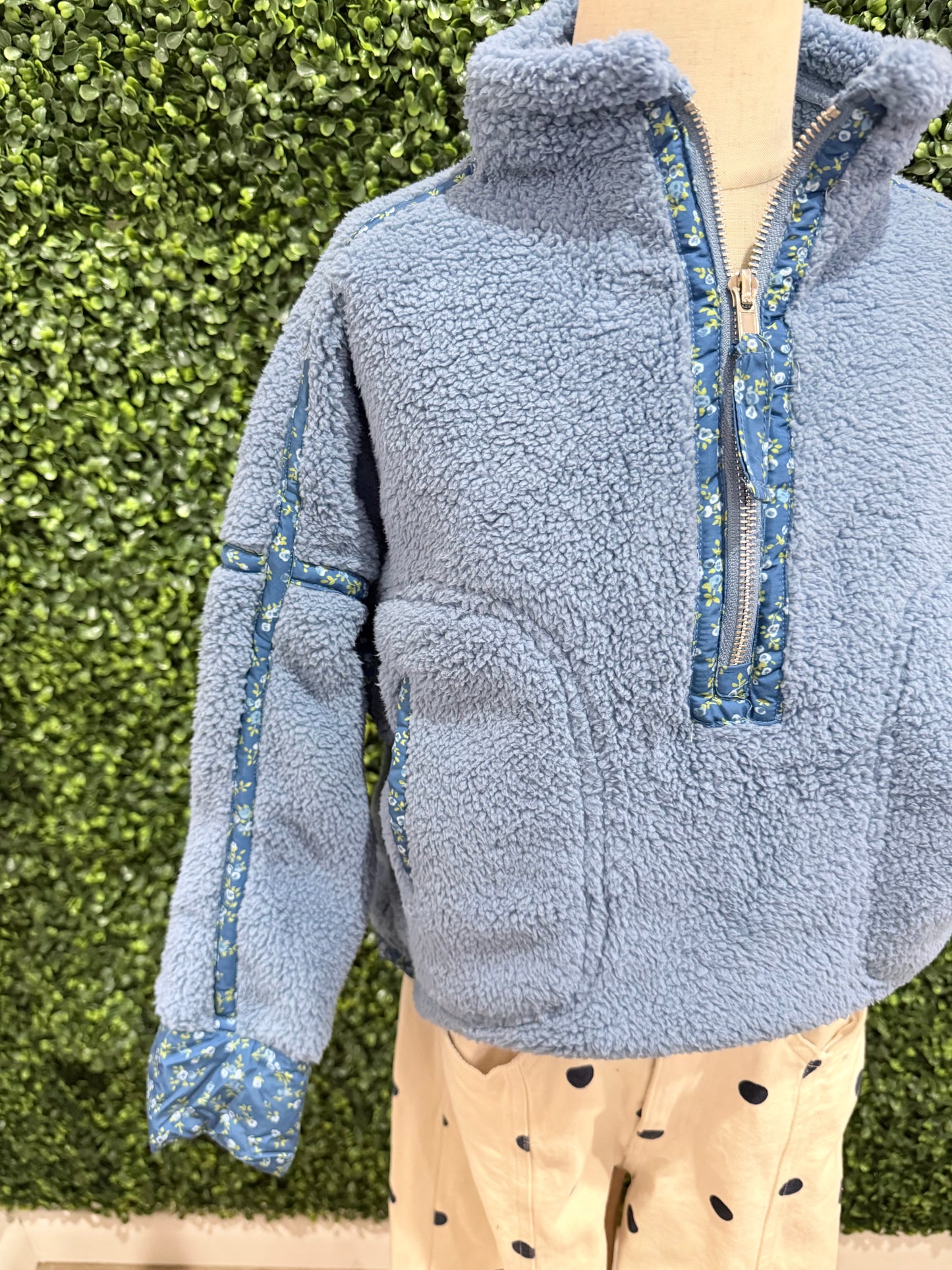 Floral Print Piped Sherpa Pullover