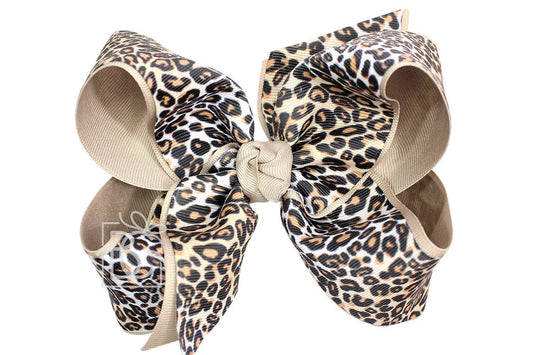 LAYERED LEOPARD BOW ON CLIP: 6.5" Jumbo - 2.25" & 2" Ribbons on Lg. Alligator Clip / OATMEAL/MULTI LEOPARD