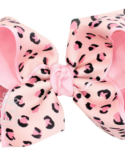 LAYERED LEOPARD BOW ON CLIP: 6.5" Jumbo - 2.25" & 2" Ribbons on Lg. Alligator Clip / BLACK/MULTI LEOPARD