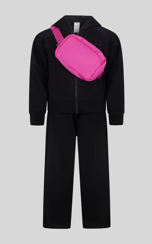 Scuba Jacket, Wide Leg Pant + Belt Bag Set | Black & Hot Pink