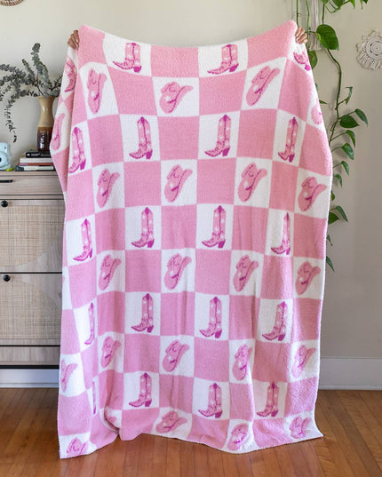 Throw Blanket - Checkered w/ Western Cowgirl - Pink & White