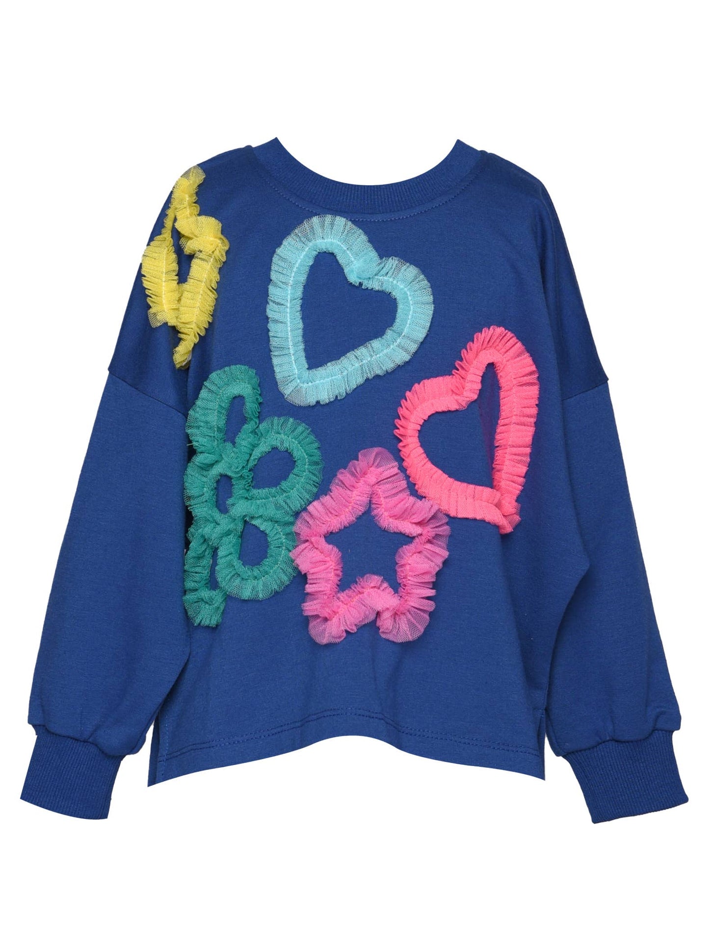 Dolman Style Top With Mesh Heart, Star, Flower Details